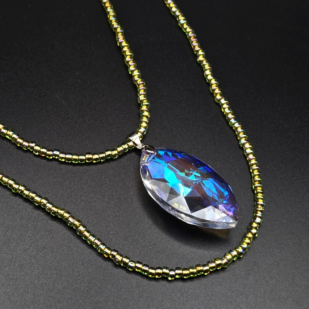 Sunwest Silver Co Iridescent AB Crystal Pendant Necklace Green Bead 925 Toggle